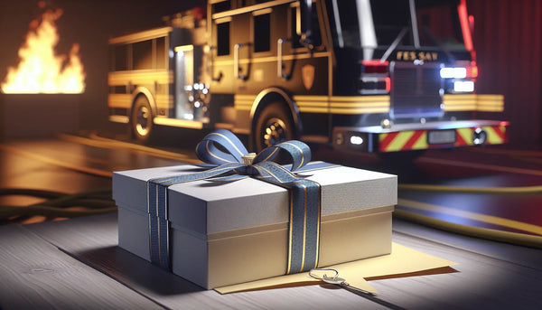 Elegantes Geschenk mit blauer Schleife vor einem modernen Feuerwehrfahrzeug bei Nacht, Symbol der Wertschätzung für Feuerwehrleute.