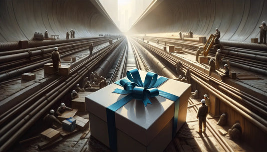 Geschenkboxen in Persian Blue und Ghost White vor Baustellenhintergrund mit Kanalbauarbeitern, warmes Licht, Wertschätzung, technische Komplexität.