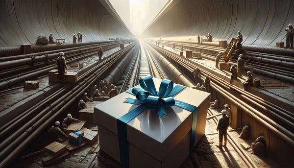 Geschenkboxen in Persian Blue und Ghost White vor Baustellenhintergrund mit Kanalbauarbeitern, warmes Licht, Wertschätzung, technische Komplexität.