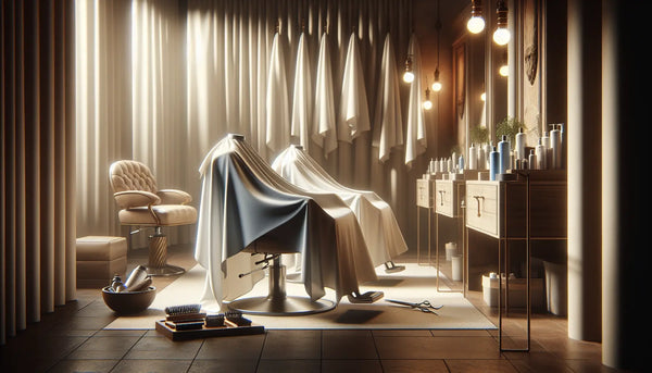 Minimalistische Friseurszene mit weißen Umhängen und blauen Friseurwerkzeugen in warmem Licht, stimmungsvolle Atmosphäre ohne sichtbare Personen.