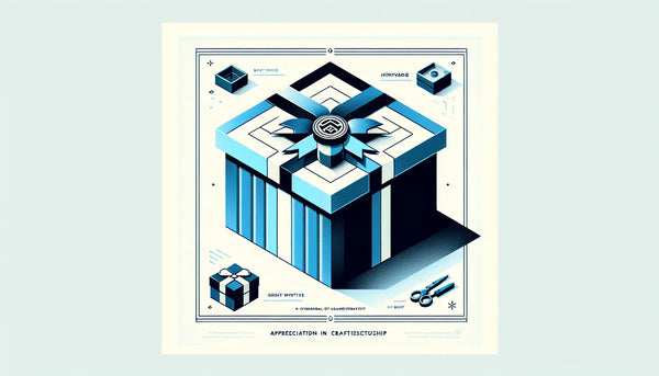 Minimalistische Illustration eines stilisierten Geschenkpakets mit Zunftzeichen in Persian Blue und gelbem Akzent auf weißem Hintergrund symbolisiert Wertschätzung im Handwerk.