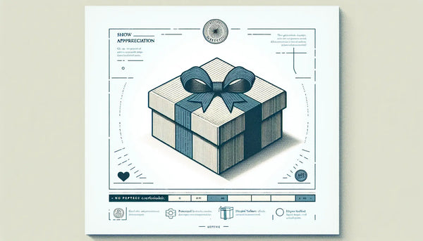 Minimalistisches stilisiertes Geschenk in Persian Blue mit gelbem Akzent auf weißem Hintergrund symbolisiert Wertschätzung und Handwerkskunst