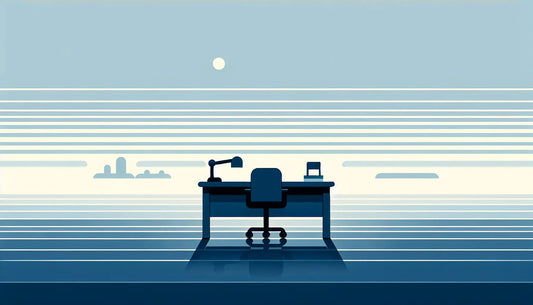 Minimalistischer Arbeitsplatz mit leerem Tisch und sauberen Boeden als Vektorgrafik auf hellem Hintergrund mit Text zu wertvoller Reinigung