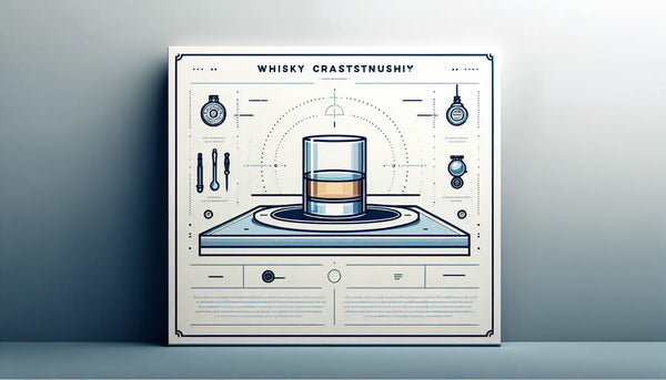 Minimale Vektorgrafik eines stilisierten Whisky-Glases auf einem Tisch neben einem Zunft-Anhänger aus Edelstahl, alles in Persian Blue, auf weißem Ghost White Hintergrund.