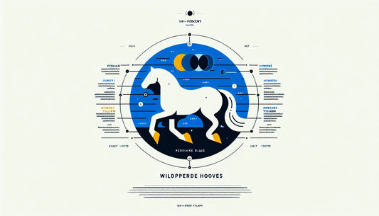 stilisiertes pferdehuf symbol als klare vektorgrafik auf stillem weissem hintergrund mit text zu wildpferde hooves