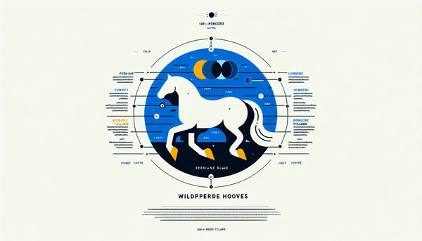 stilisiertes pferdehuf symbol als klare vektorgrafik auf stillem weissem hintergrund mit text zu wildpferde hooves