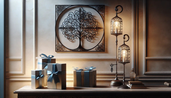 Gemütlicher Wohnraum mit Baum-des-Lebens-Metallschild und stilvoll verpackten Geschenken in Steelmonks Farben.