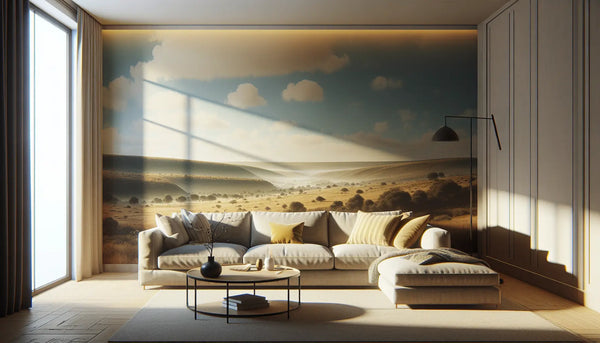 Wohnzimmer mit außenwirkender Fototapete, die eine malerische Landschaft zeigt und den Raum optisch erweitert, im Steelmonks Farbdesign.