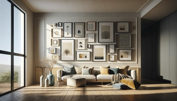 Wohnzimmer mit Galeriewand in Ghost White, natürliches Licht, schmale schwarze Rahmen, dezente blaue und gelbe Akzente, warme Atmosphäre.