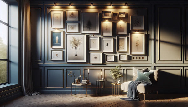 Wohnzimmerwand mit eleganten, gerahmten Kunstwerken und modernem Metalldesign in Steelmonks-Farben, warm und einladend gestaltet.