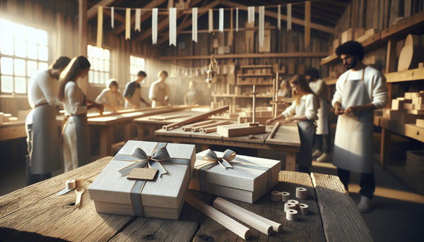 Atmosphärische rustikale Werkstatt mit Menschen bei kreativer Holzarbeit, schlanke Geschenkboxen mit blauen und gelben Schleifen auf einem Holztisch, warmes Licht und ruhige, einladende Stimmung.