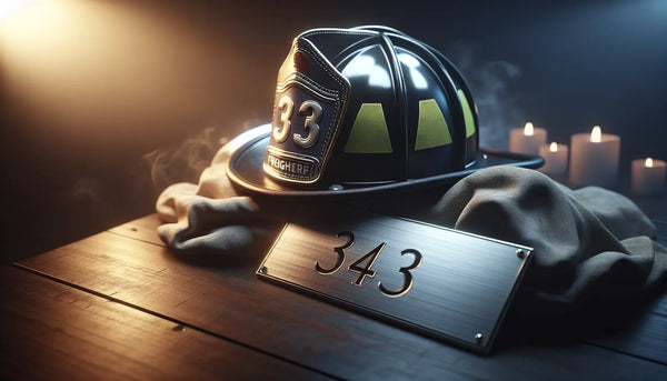 Stimmungsvolles Bild eines Feuerwehrhelms mit Gedenkplakette Nr. 343 in warmem, ruhigem Licht und eleganter Steelmonks-Farbgebung.