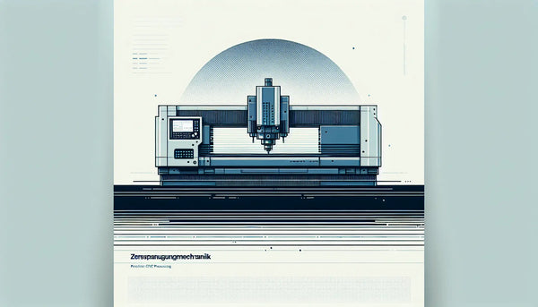 stilisiertes c nc bearbeitungsgeraet als reduzierte vektorgrafik auf hellem hintergrund mit text zu zerspanungsmechanik