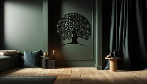 Gemütliches Zimmer mit dunkelgrüner Akzentwand und filigraner Metall-Wanddekoration in Lebensbaum-Form, warme Atmosphäre im Steelmonks-Stil.