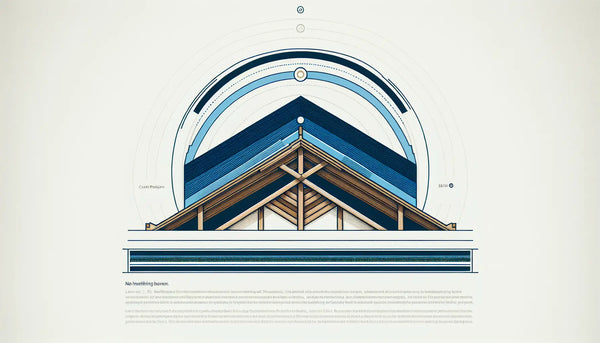 stilisiertes dachstuhl element als klare vektorgrafik auf weissem hintergrund mit text zu zimmerer dachstuhl handwerk in holzbau und tradition