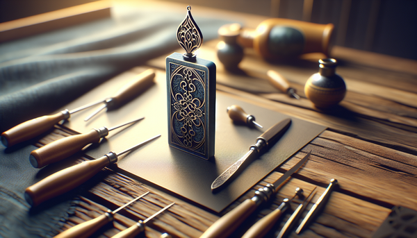 Nahaufnahme eines schlanken, eleganten Zunft-Anhängers in Persian Blue auf einem warmen Holztisch neben schmalen Werkzeugen mit schwarzen und gelben Details. Weiches Licht, ruhiger Hintergrund, hochwertige, atmosphärische Darstellung im Steelmonks-Stil.