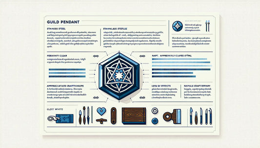 Minimalistischer Zunft-Anhänger als stilisierte Vektorgrafik in Persian Blue mit gelbem Akzentpunkt auf hellem Ghost White Hintergrund, Text Zunft-Anhänger und Handwerk sichtbar wertschätzen