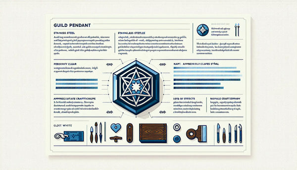 Minimalistischer Zunft-Anhänger als stilisierte Vektorgrafik in Persian Blue mit gelbem Akzentpunkt auf hellem Ghost White Hintergrund, Text Zunft-Anhänger und Handwerk sichtbar wertschätzen