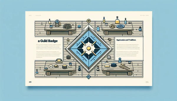 Minimalistischer stilisierter Zunft-Anstecker als klare Vektorgrafik in Persian Blue auf weißem Ghost White Hintergrund mit kleinem gelben Akzentpunkt und Text Zunft-Anstecker