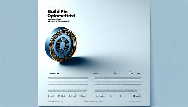 Minimalistische Vektorgrafik eines personalisierten Zunft-Ansteckers für Optometristen in Persian Blue mit einem kleinen gelben Akzentpunkt auf weißem ruhigen Hintergrund