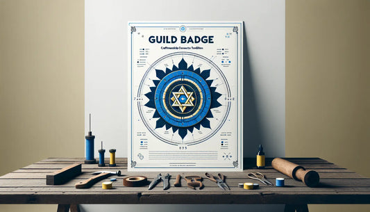 Minimalistischer Zunft-Anstecker als schlichte Vektorgrafik in Persian Blue auf weißem Hintergrund mit gelbem Akzentpunkt, darunter Text zur Handwerks-Tradition.