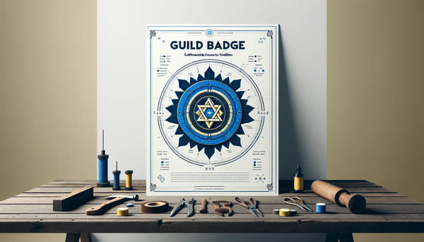 Minimalistischer Zunft-Anstecker als schlichte Vektorgrafik in Persian Blue auf weißem Hintergrund mit gelbem Akzentpunkt, darunter Text zur Handwerks-Tradition.