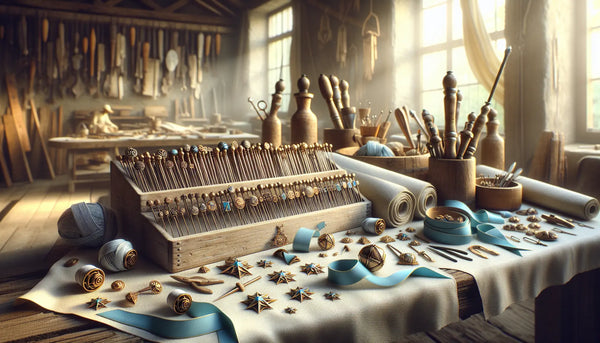 Handwerkliche Werkstatt mit Zunft-Ansteckern auf Ghost White Tisch, traditionelle Werkzeuge, Steelmonks Farben, warme Atmosphäre