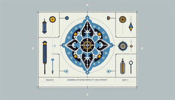 Zunft Anhänger als klare flache Vektorgrafik in Persian Blue mit gelbem Akzent auf ruhigem weissem Hintergrund und minimal angedeutetem Holztisch mit kurzem Text zu Tradition und Handwerk