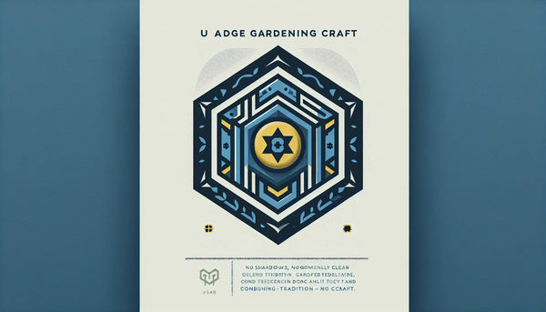 geometrisch klarer zunft anstecker fuer gaertnerhandwerk als flache vektorgrafik auf weissem hintergrund mit text zu tradition und handwerk