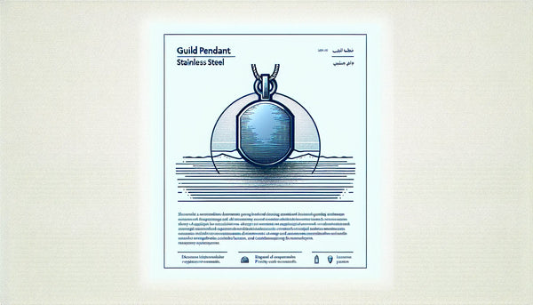 Minimalistischer stilisierter Edelstahl Zunftanhänger mit filigranen Gravurlinien in Persian Blue auf Ghost White Hintergrund mit schwarzem Text.