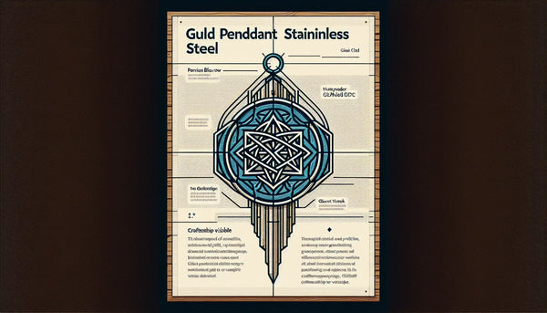 Minimalistischer Zunftanhänger aus Edelstahl als reduzierte Vektorgrafik in Persian Blue mit gelbem Akzentpunkt, vor ruhigem weißem Hintergrund, Text Thema Handwerk.