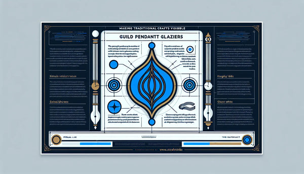 Minimalistischer stilisierter Zunftanhänger eines Glasers als klare Vektorgrafik in Persian Blue mit gelbem Akzentpunkt auf weißem Hintergrund, Text Zunftanhänger Glaser und Traditionelles Handwerk sichtbar machen