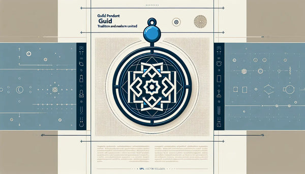 Minimalistischer Zunftanhänger als reduzierte blaue Vektorgrafik mit gelbem Akzentpunkt auf weißem ruhigem Hintergrund, Symbol für traditionelle und moderne Handwerkskunst