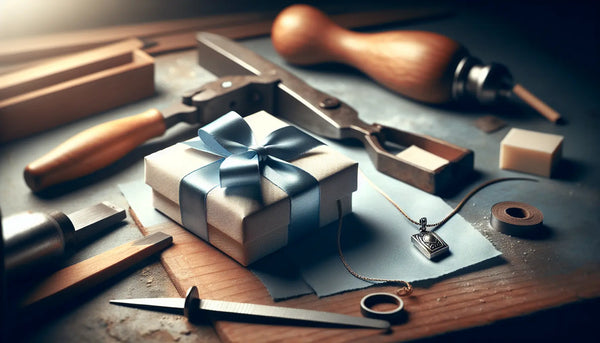 Ein schmaler, elegant verpackter Zunftanhänger als Geschenk mit persischem blauen Band auf einem handwerklichen Arbeitsplatz, umgeben von realistischen Werkzeugen, warmes, weiches Licht, ruhige und einladende Szenerie im Steelmonks-Look.
