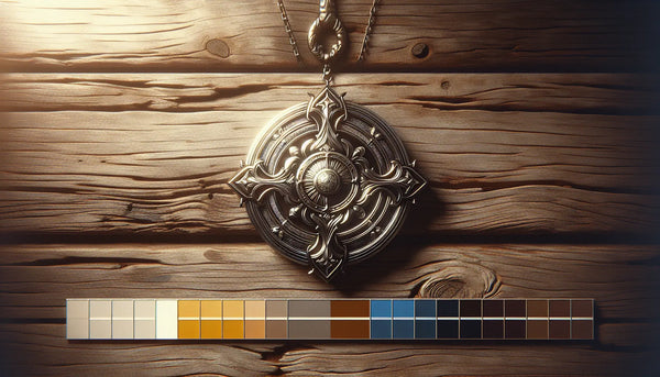 Glänzender Edelstahl Zunftanhänger vor altem Holzhintergrund, symbolisiert handwerkliche Tradition in warmem, minimalistischem Steelmonks Stil.