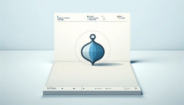 Minimalistische Vektorgrafik eines stilisierten Zunftanhängers in Persian Blue auf ruhigem Ghost White Hintergrund mit kleinem Hunyadi Yellow Akzentpunkt, Text Zunftanhänger und Symbol traditioneller Handwerkskunst