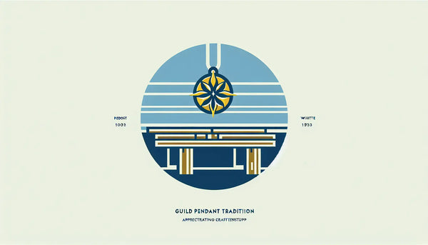 stilvoller Zunftanhaenger auf rustikalem Holztisch klare Vektorgrafik reduziertes Design Handwerk Tradition Textinhalt