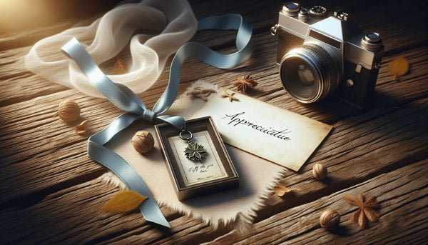Eleganter Zunftzeichen Schlüsselanhänger mit Foto auf rustikalem Holz, neben Kamera und handgeschriebener Dankeskarte, in Steelmonks Farben inszeniert.