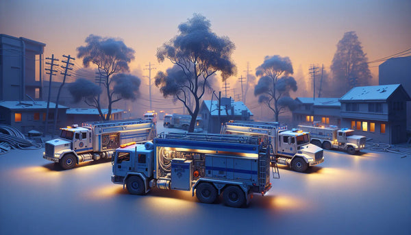 Feuerwehr- und THW-Fahrzeuge im Einsatz an einer Katastrophenstelle in stilvollem Steelmonks-Look mit ruhiger, vertrauensvoller Atmosphäre.