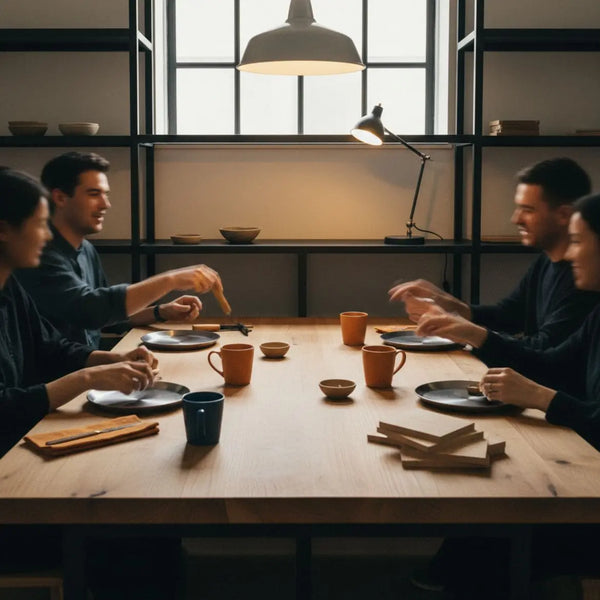 Hände von Freunden an einem Esstisch mit warmem Licht, Holz und Metalldetails in einem realistischen Zuhause – abschiedsgeschenk für kollegen