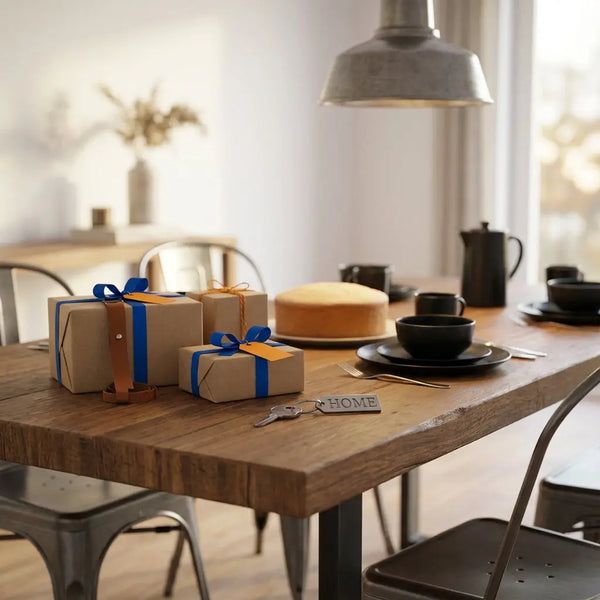 Holz-Esstisch mit sorgfältig verpackten Geschenken, schlichter Vanilletorte und graviertem Schlüsselanhänger als abschiedsgeschenk ideen in einem warmen, minimalistischen Wohn-Esszimmer
