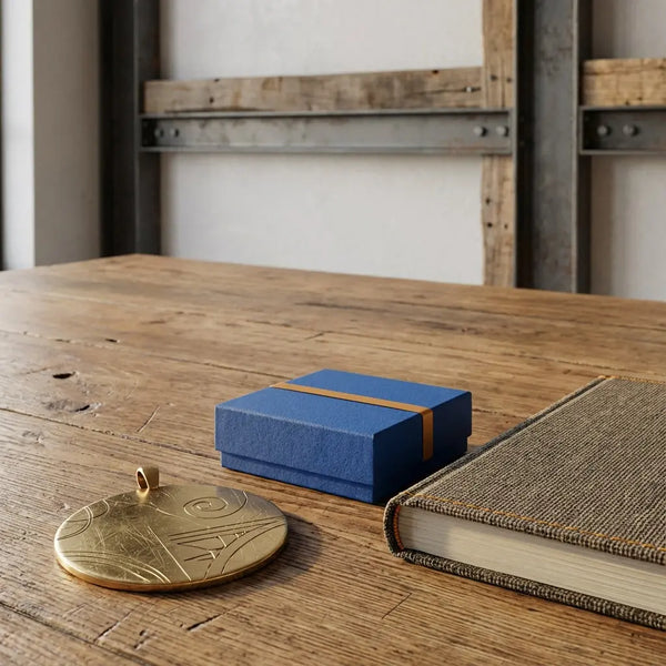 Minimalistisches abschiedsgeschenk kollegen auf Holztisch mit graviertem Metallanhänger, kleiner Schachtel und Notizbuch in warmem, leicht industriellem Raum