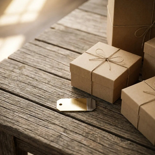 Nahaufnahme rustikaler Holztisch mit sorgfältig arrangierten Geschenkboxen, Band und glänzendem Metallanhänger als inspirierende abschiedsgeschenk kollegin ideen