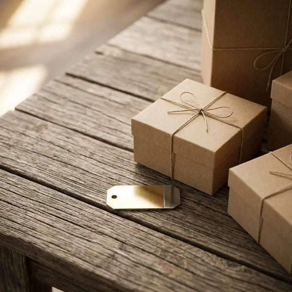 Nahaufnahme rustikaler Holztisch mit sorgfältig arrangierten Geschenkboxen, Band und glänzendem Metallanhänger als inspirierende abschiedsgeschenk kollegin ideen