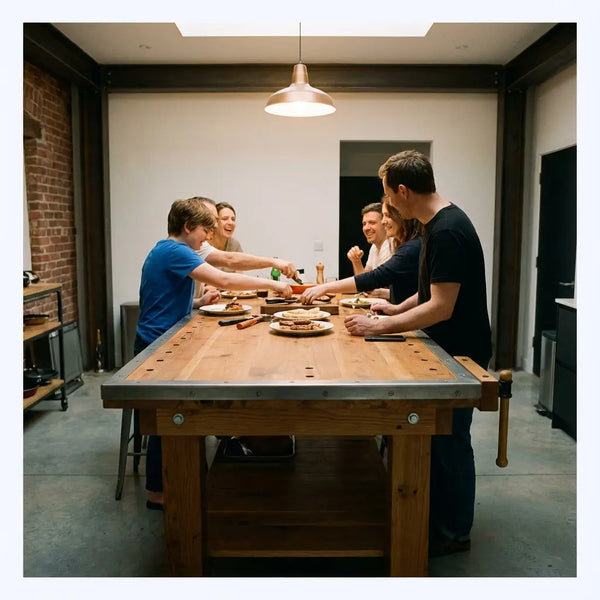 Kleine Familie am rustikal-industriellen Esstisch mit warmem Licht, Metalldetails und Holzoberflächen – Szene zum Thema abschiedsgeschenk vermeiden.