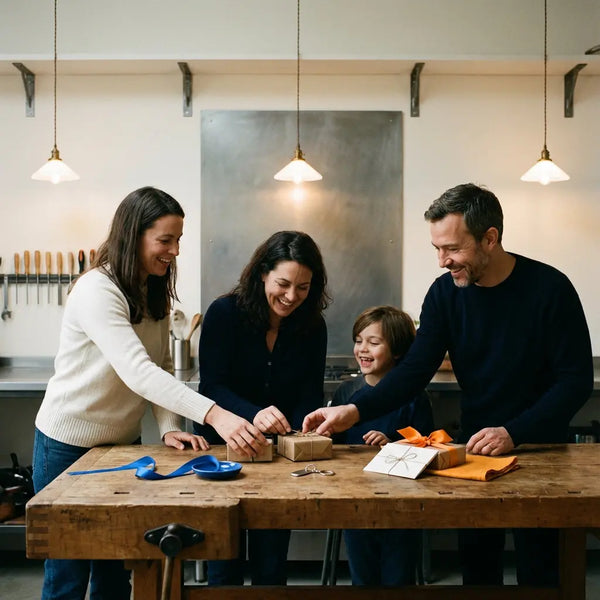Minimalistisches Tischstillleben mit Familie beim Überreichen eines kleinen Abschlussgeschenks: Geschenkboxen, Metall-Schlüsselanhänger, warmer Industriestil, Akzente #0044CC und #ff9800