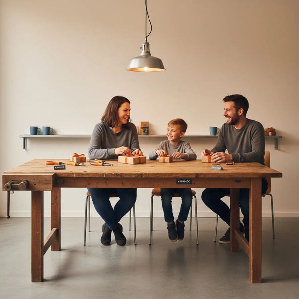 Familie und Freunde am Holztisch mit kleinen Geschenken und Werkzeugen in warmem Industrie-Stil, gemütlich und minimalistisch – Adventskalender für Männer im Fokus.