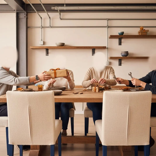 alternative zu geschenkkorb: Hände reichen persönlich verpackte Geschenke an warm beleuchtetem Holztisch mit metallischen Details, minimalistische Steelmonks-Ästhetik.