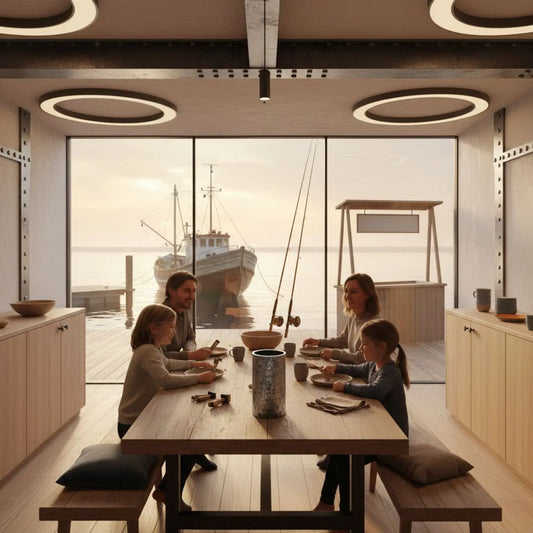 Angler: Familie am Esstisch mit Blick auf ruhigen Fischerkai bei Sonnenaufgang, altes Boot, zwei Ruten, hölzerner Markttisch, Nebel, warme Lichtstimmung, Fokus auf Holz- und Metalltexturen