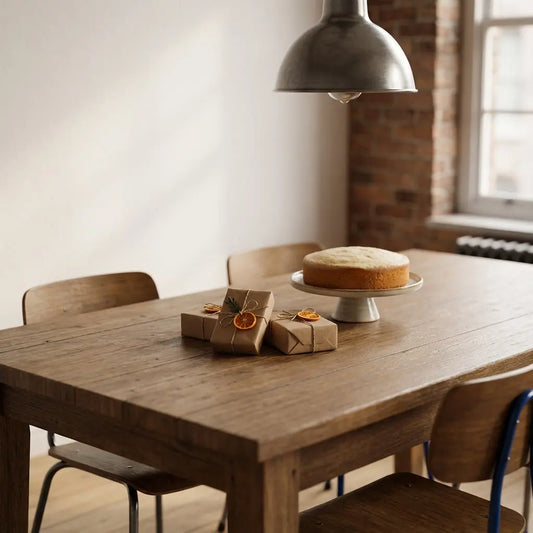 Intime Esstischszene mit kleinen Geschenken und Vanillekuchen, warme Beleuchtung, Holz- und Metalldetails, minimalistisches Layout, Aufmerksamkeit zeigen Freundin